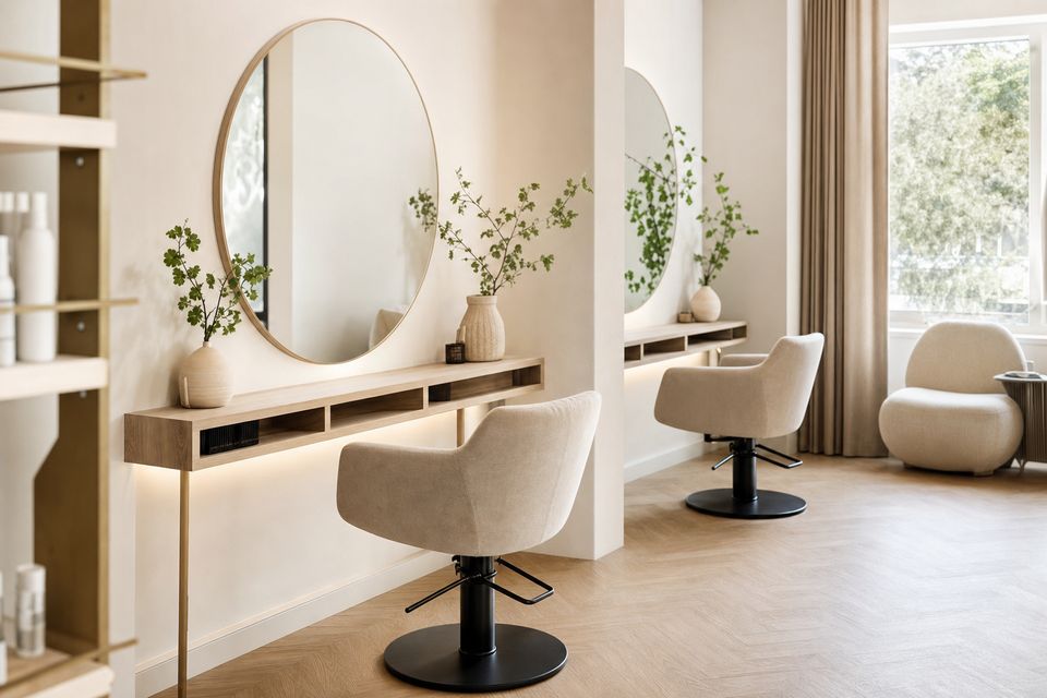 the room seen from a different angle, detail of the working area, chairs and mirrors, no people